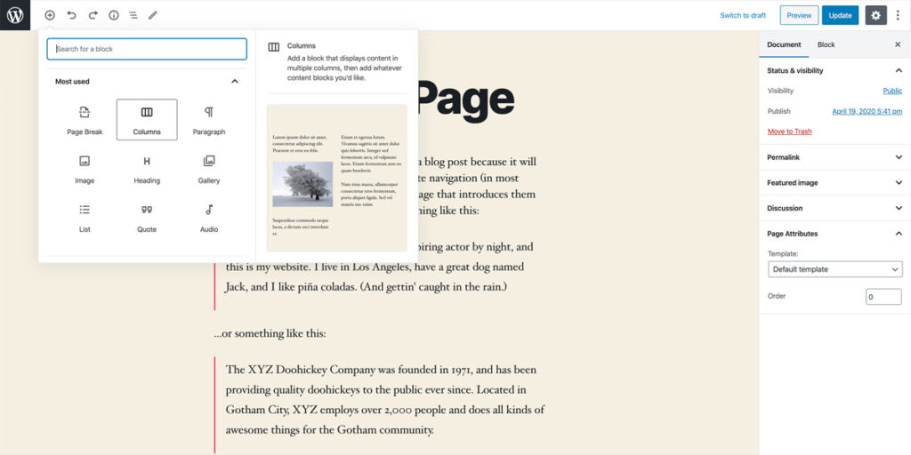 WordPress Gutenberg sivueditori