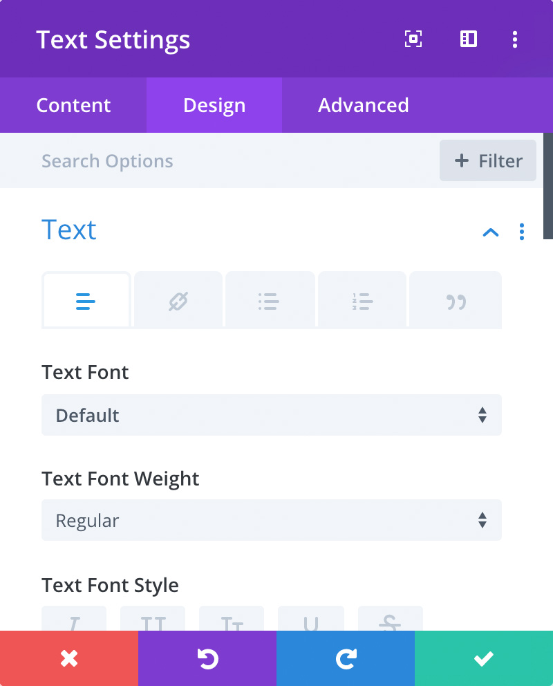 Divi design tab font options