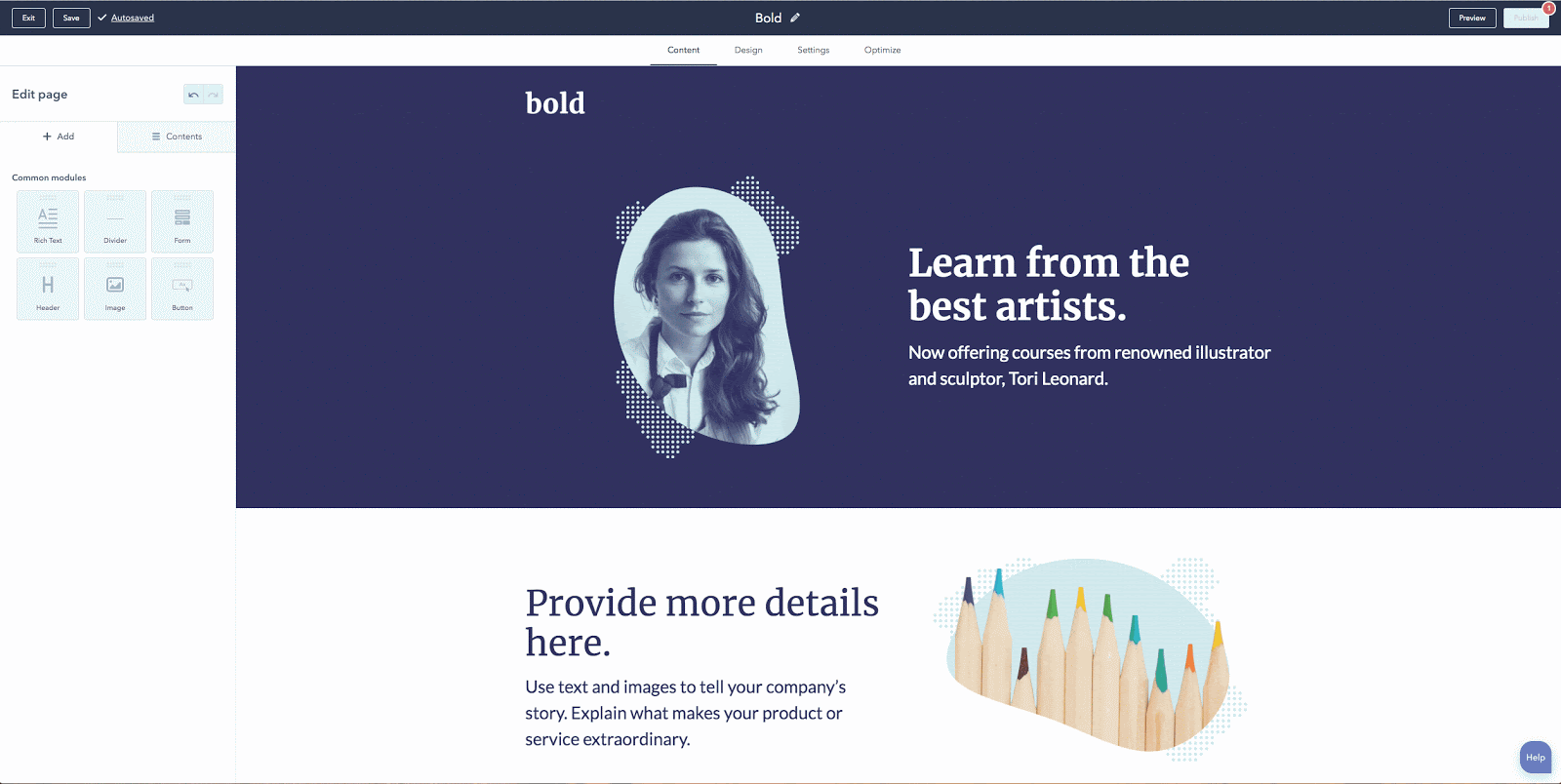 HubSpot new page editor